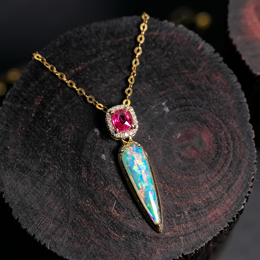 Pink Spinel & Australian Solid Opal Diamond Necklace in 14K Gold