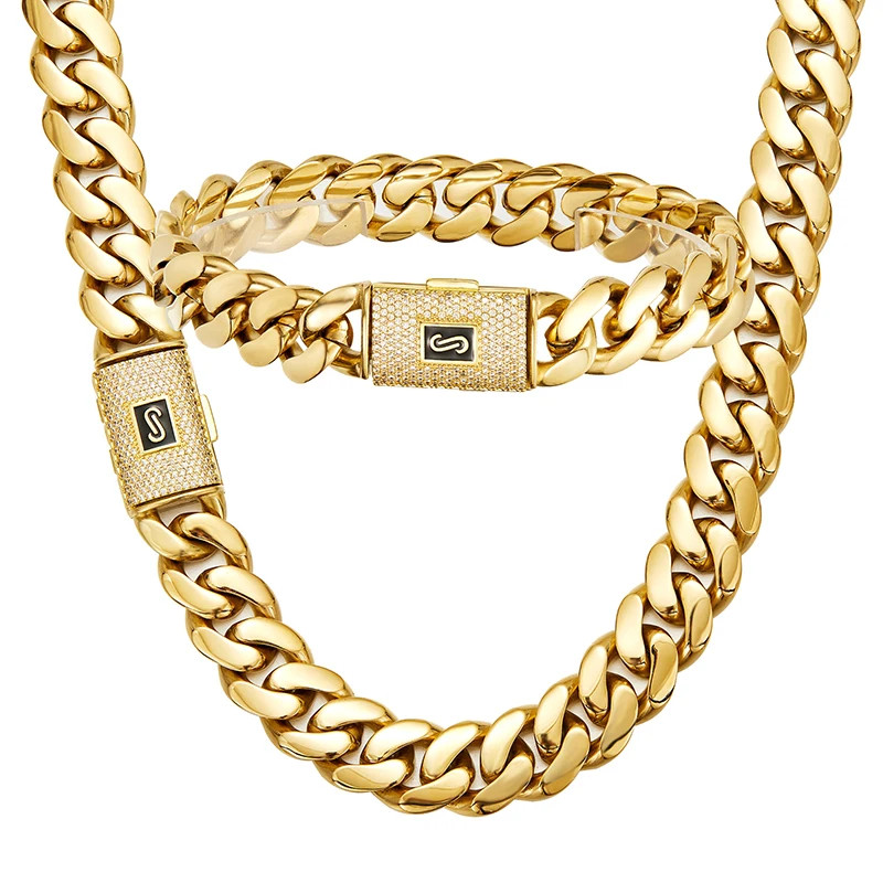 Gold Plated Stainless Steel round Cuban Miami Link Chain Necklace for Men Rapp