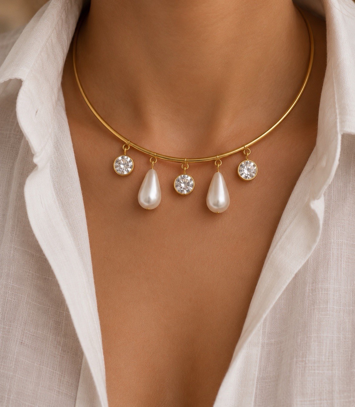 Gold Pearl Charm Choker Necklace, Baroque Pearl & Crystal Statement Necklace