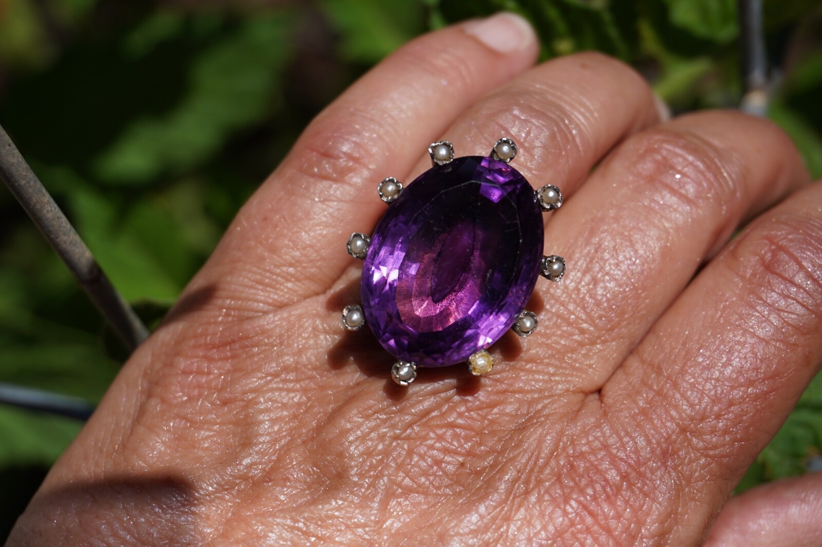 Antique 14K & Silver 43 Carat Amethyst & Seed Pearl Cocktail Ring