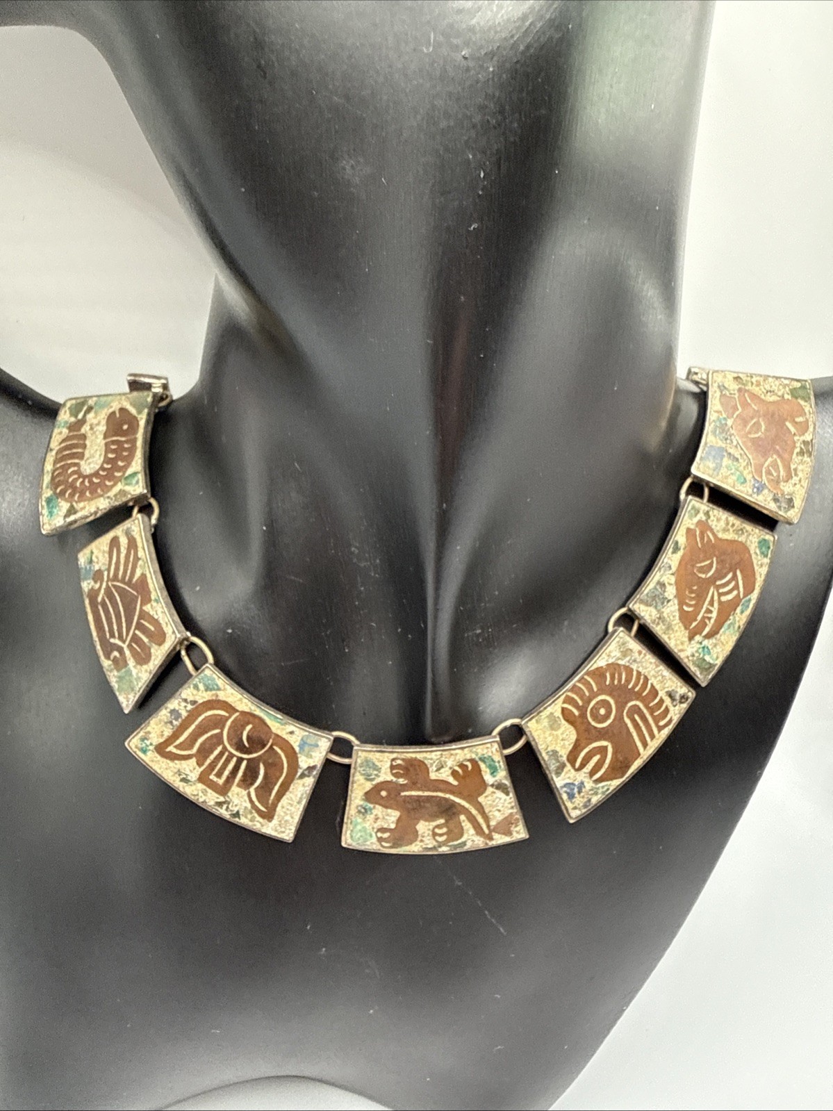 VTG HECHO EN MEXICO 925 STERLING MIXED STONES AZTEC NECKLACE.56.8 GRAMS.SIGN DH?