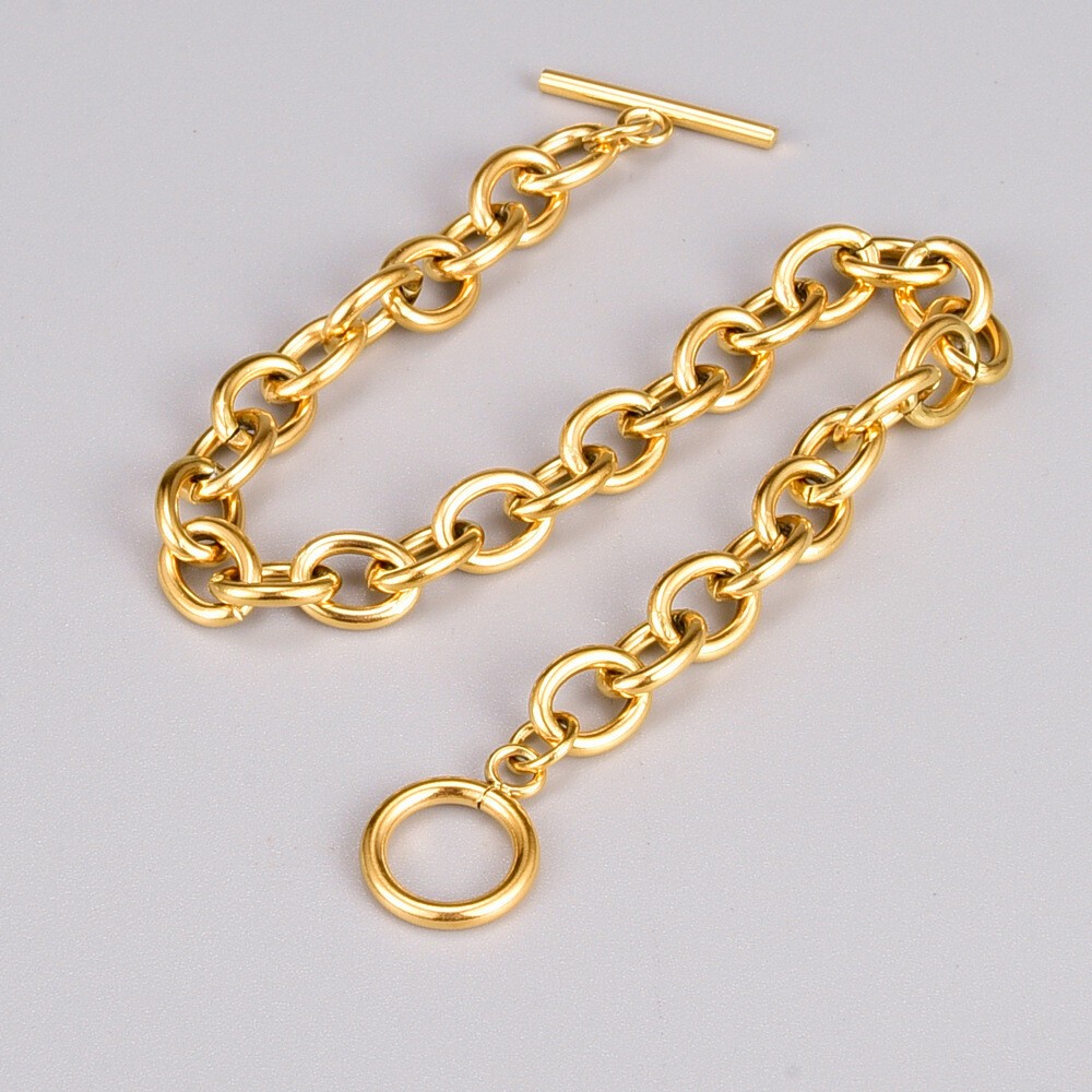Woman Gold Plated Stainless Steel Rolo Link Chain Bracelet Bangle Toggle Jewelry