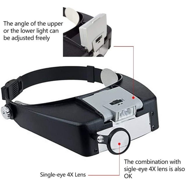 Illuminated Dual Lens Flip-in Head Magnifier with 2 LED Lights 1.5X 3X 6.5X 8X