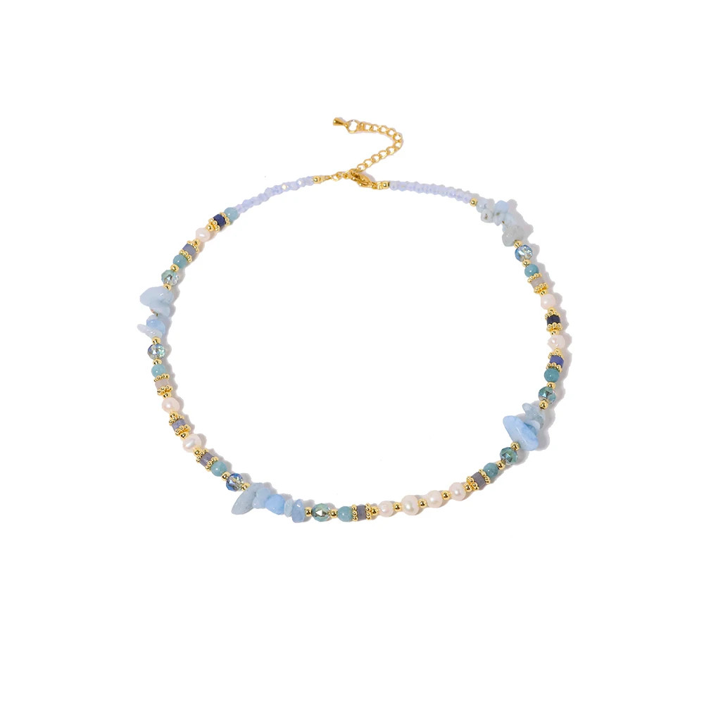 Colored Natural Stone Pearls Necklace Jewelry Women 18K Gold Plated Korean Desig