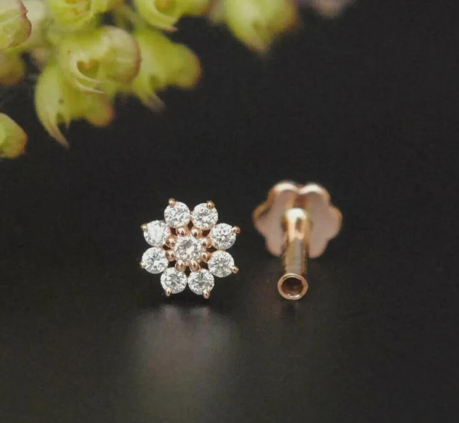 0.20 Ct Round Cut Lab Created Diamond Floral Nose Pin 14k Rose Gold Plated