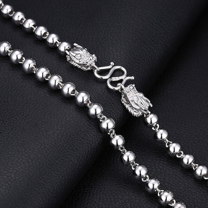 999 Pure Silver Chain Men’s 4mm/5mm/6mm Real Silver Beaded Necklace Dragon Head