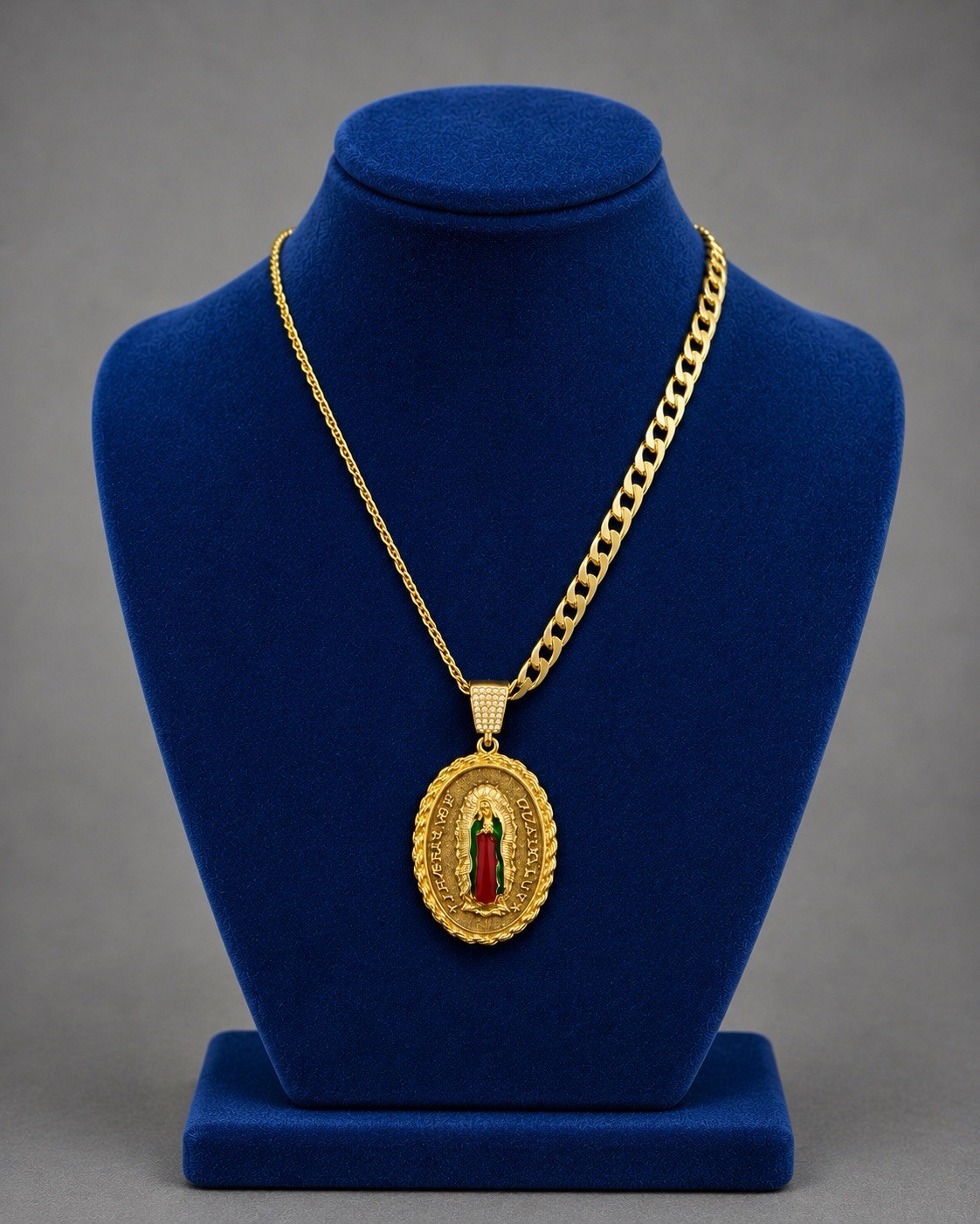 Gold Plated none tarnished Cuban Link Oval Medal Religious Pendant Necklace