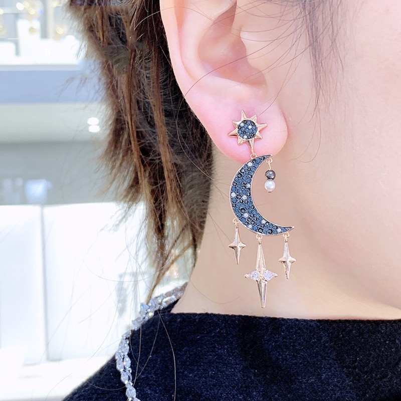 Swarovski Crystal Moon & Star Earrings – Mysterious Pearl Tassel Jewelry