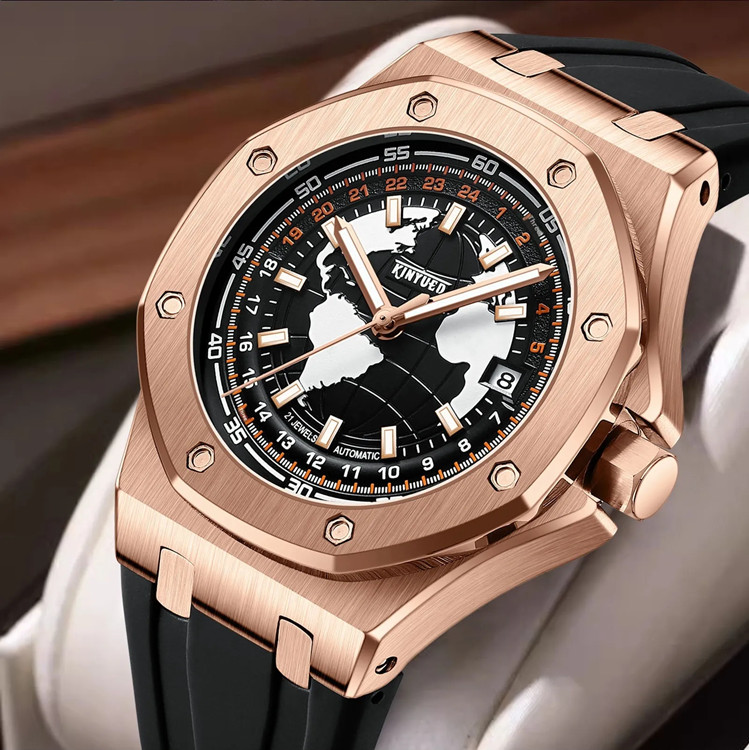 Men’s Full Automatic Mechanical Octagon Watch 12/24Hours 3 Hands Date 3Atm 3 Col