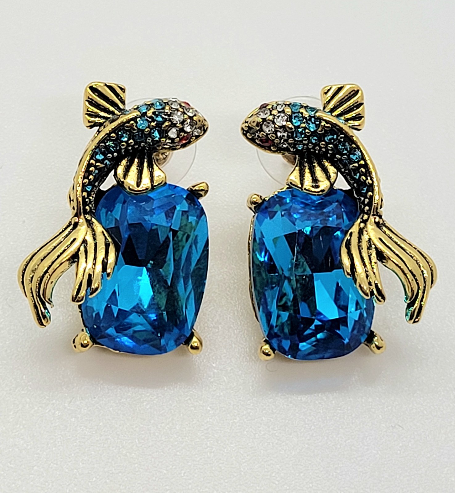 Koi Fish Earrings VTG Gold Fish BLUE Crystal Nouveau Ornate Art Deco CZ Cluster