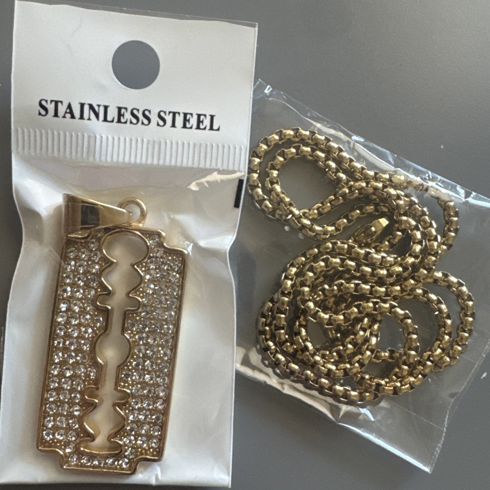 Blade Pendant Gold Plated Cubic Zirconia Stainless Steel 24 Inch Chain Razor