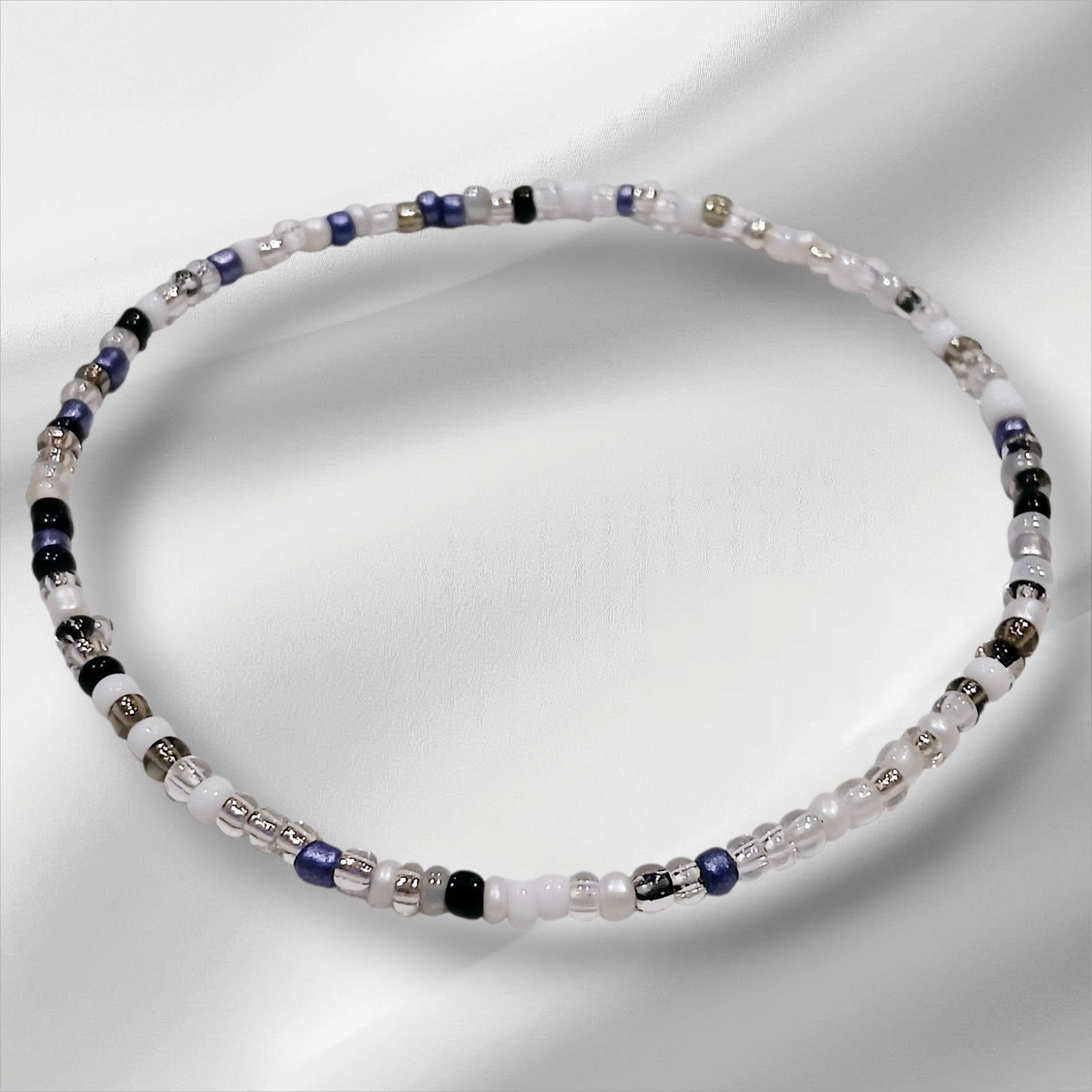 2x BLACK BLUE GREY CLEAR MULTI SEED BEAD STRETCH ANKLET – 24CM