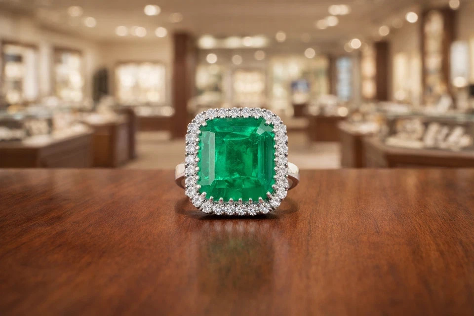 4.80Ct Emerald cut Natural Emerald & Diamond 14K Solid White gold Luxury Rings