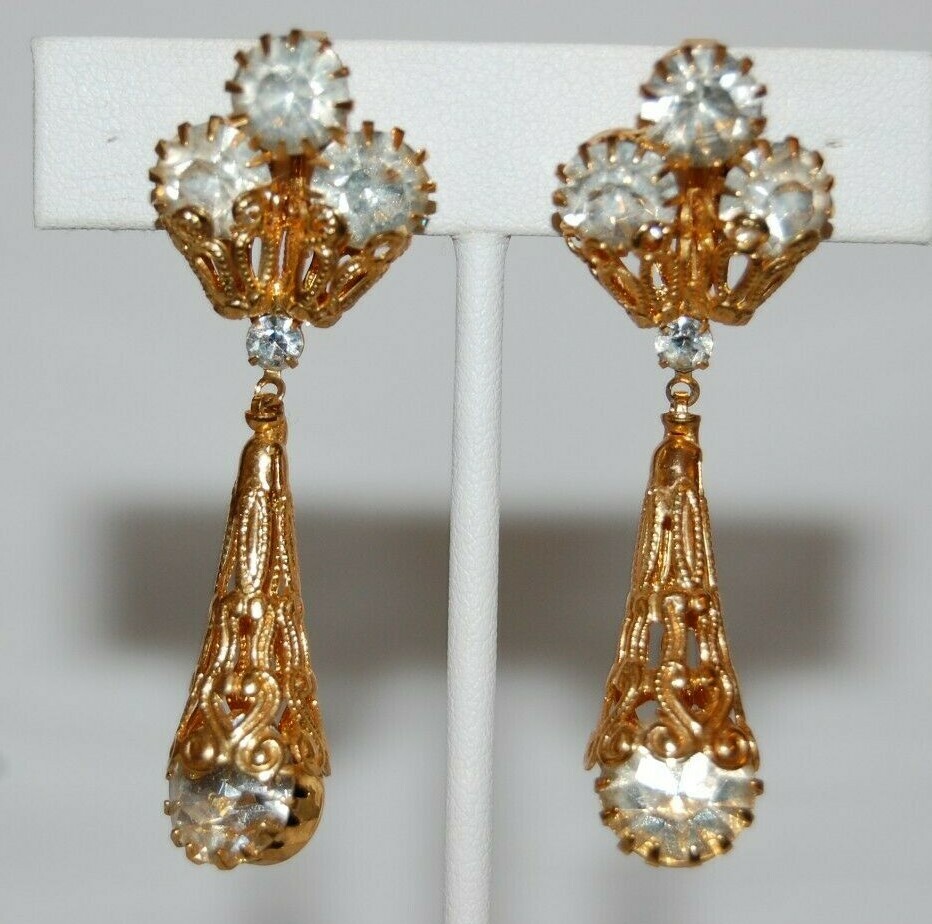 ELEGANT VTG CLEAR CRYSTALS FILIGREE ANTIQUE STYLE DROP DANG GOLDEN CLIP EARRINGS