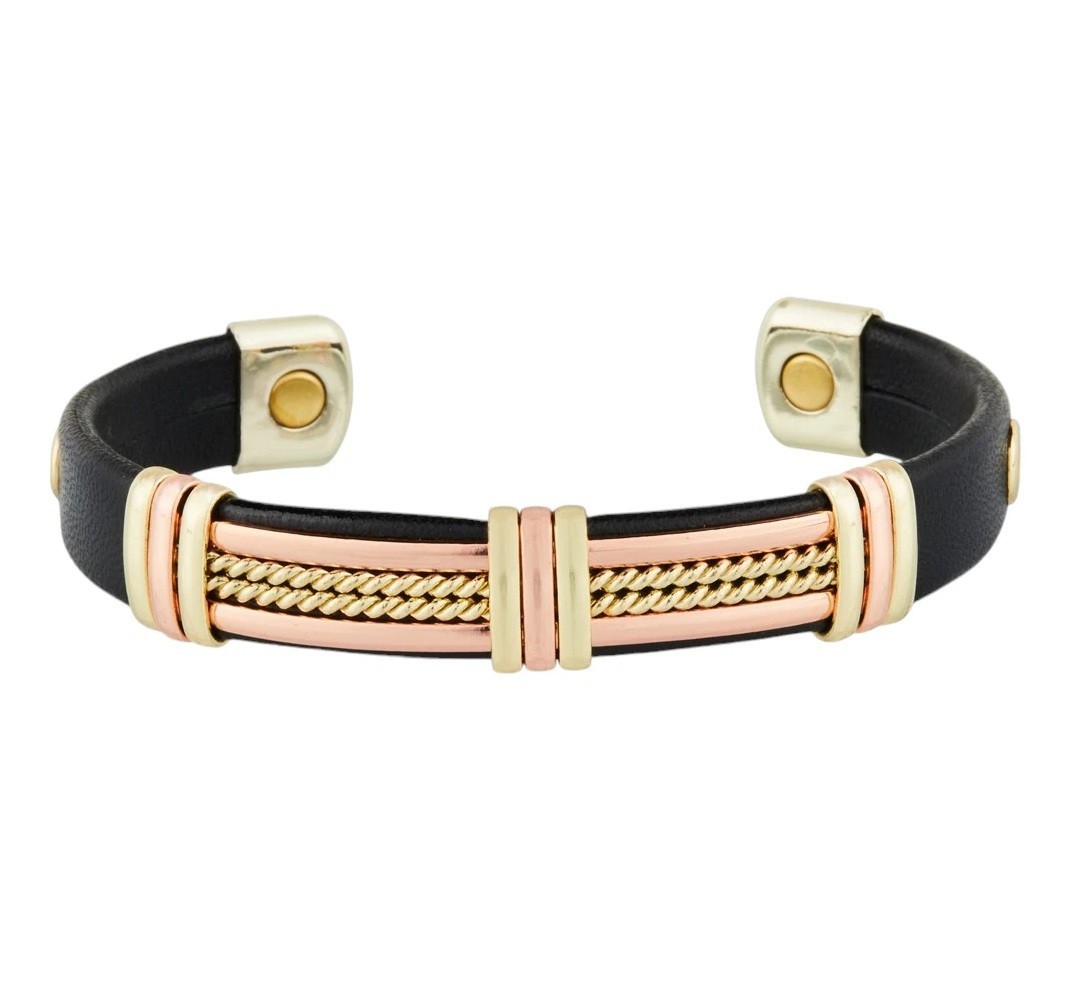 Solid Copper Leather Wrapped Magnetic Bracelet Arthritis Pain Therapy Cuff II