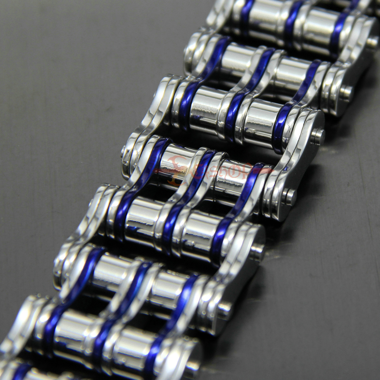 Men’s Heavy Stainless Steel Motorcycle Bike Chain Bracelet Silver/Blue 27mm Wide