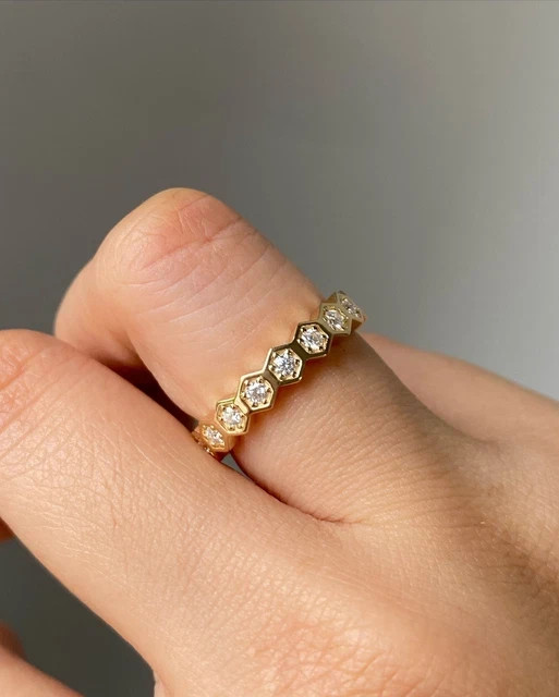 Round Cut Simulated Diamond Hexagon Wedding Band 925 Sterling Silver Dainty Ring