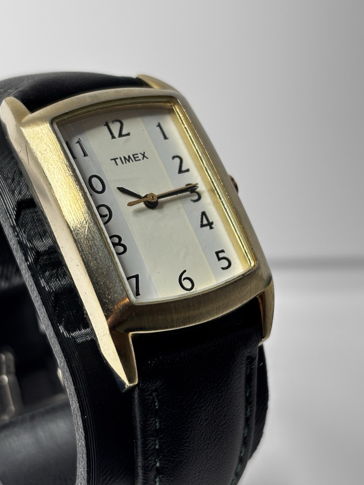 Timex Rectangular Dress Quartz Watch White Dial Gold Tone Case Black Leather