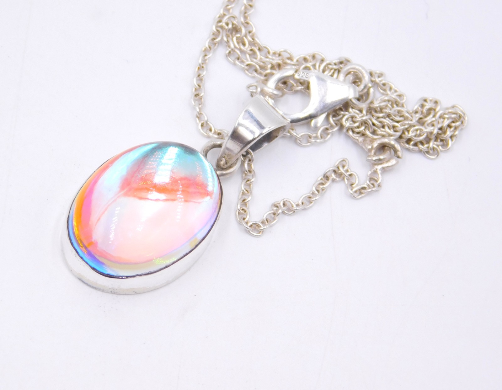 4.48 Gm 925 Sterling Silver Angel Aura Quartz Cab Gemstone Pendant Size 1.2″ in