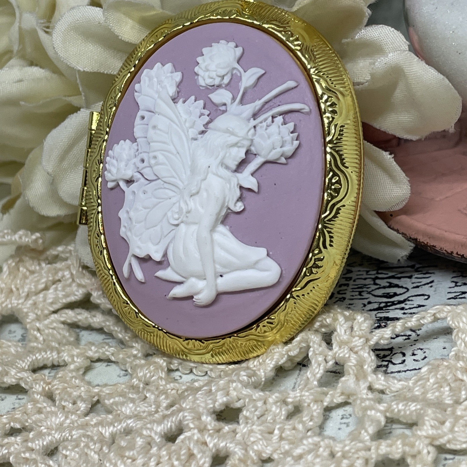 Birthday Gold Fairy Flower Butterfly Cameo Locket Necklace anniversary birthday