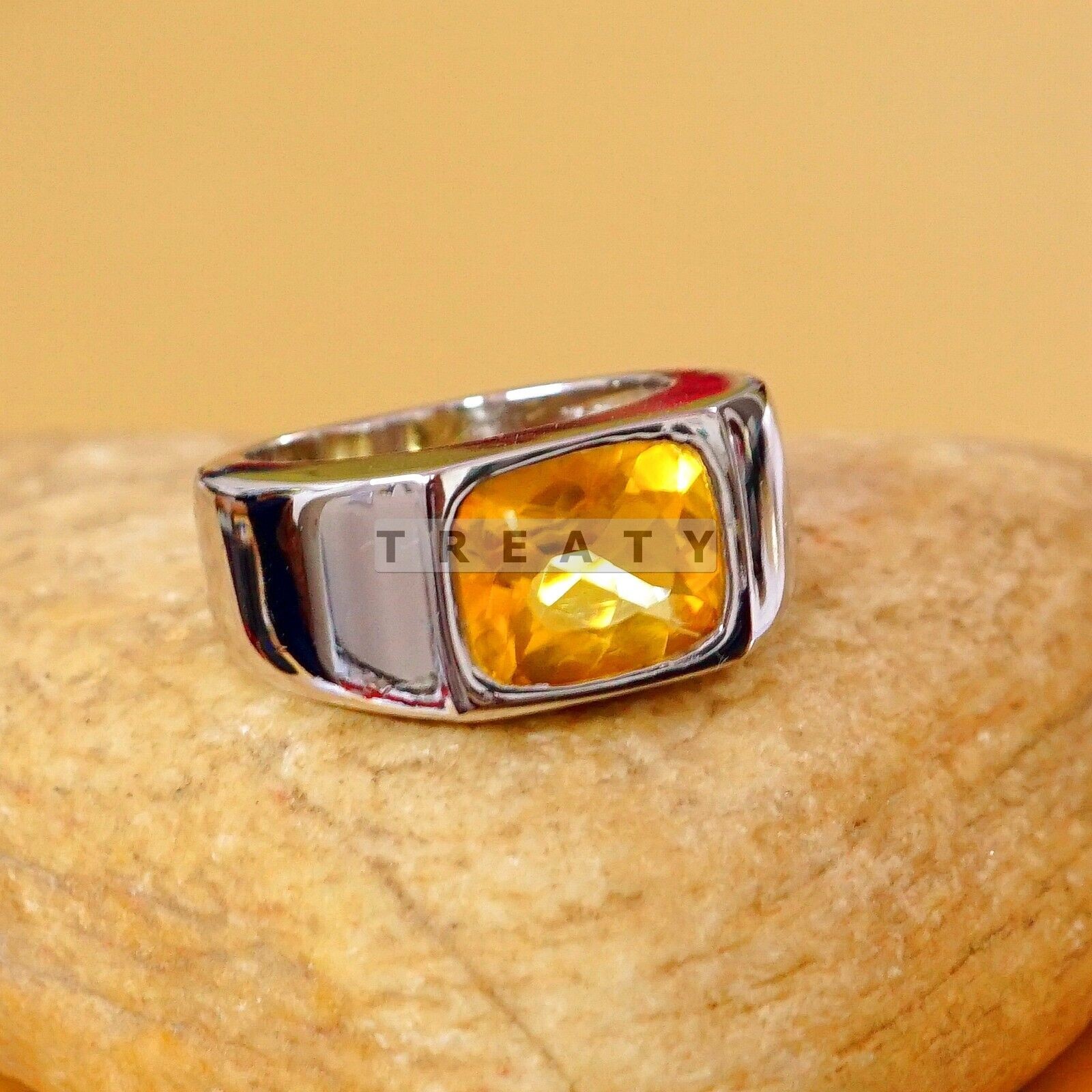 Citrine Cushion Cut With 925 Sterling Silver Gold Plated Ring For Men’s #B793