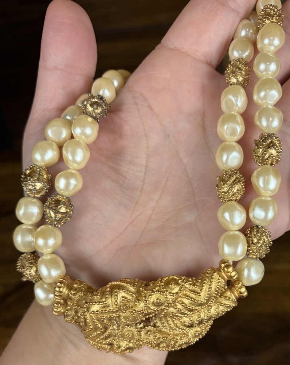 Franklin Mint Mary McFadden Beaded Pearl Necklace 1988 Etruscan Gold Plated