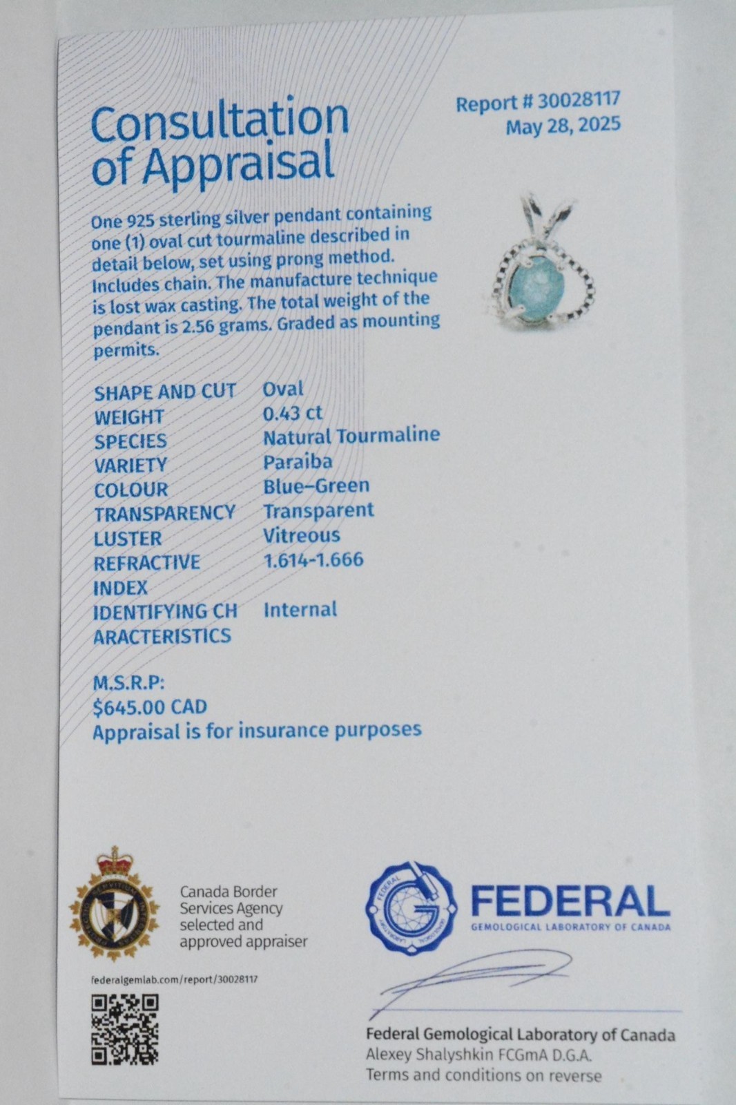 Certified Paraiba Tourmaline Necklace 0.43ct Sterling Silver Blue Green PB61