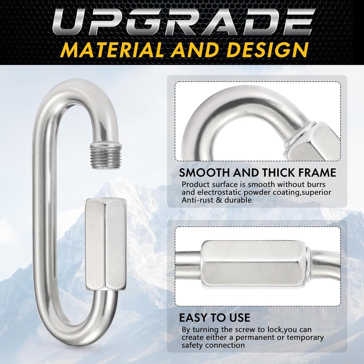 304 Stainless Steel Chain Quick Links Set 6pc Screw Lock Carabiner Heavy Duty