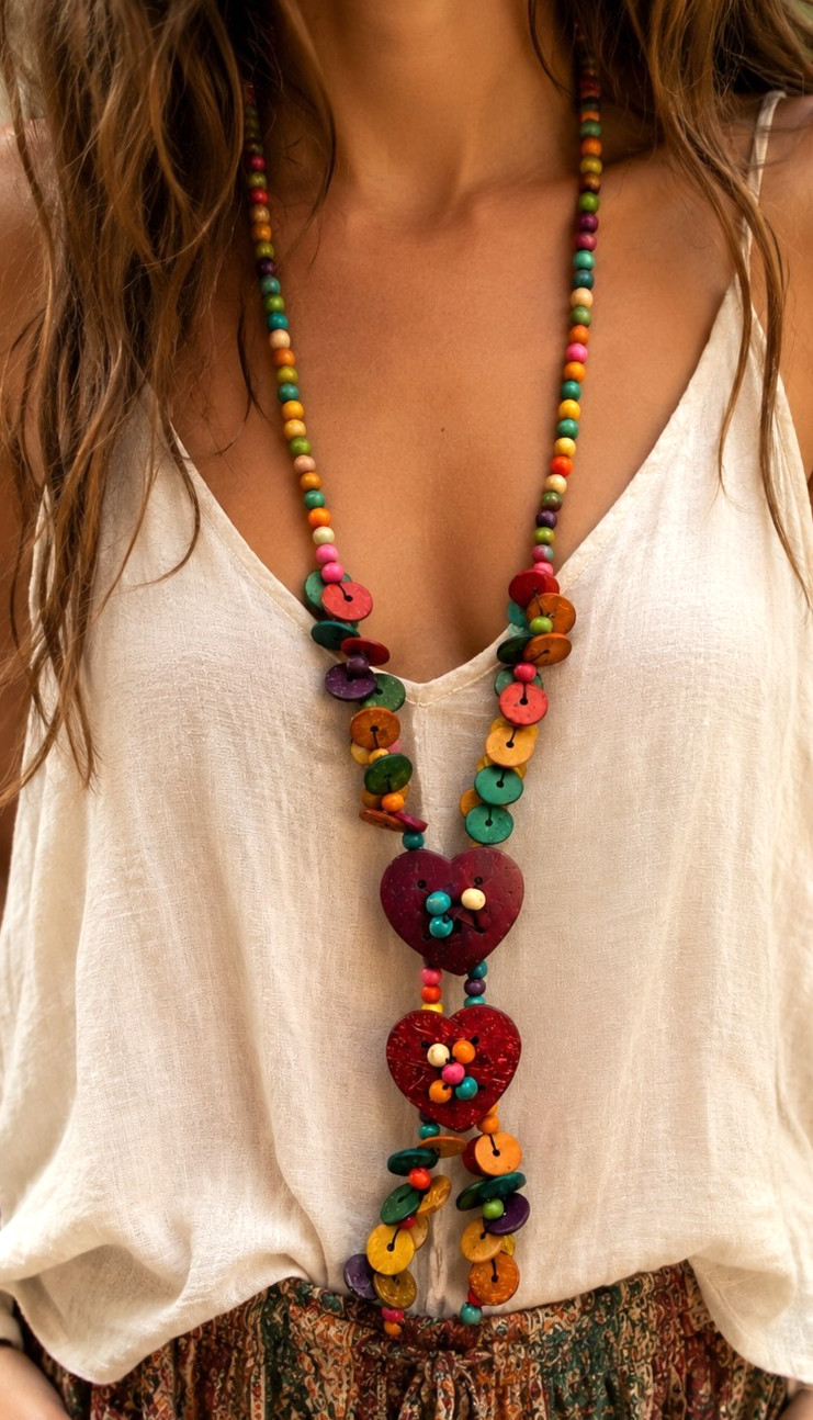 Boho Wooden Bead Necklace Coconut Shell Heart Pendant Handmade Hippie Jewelry