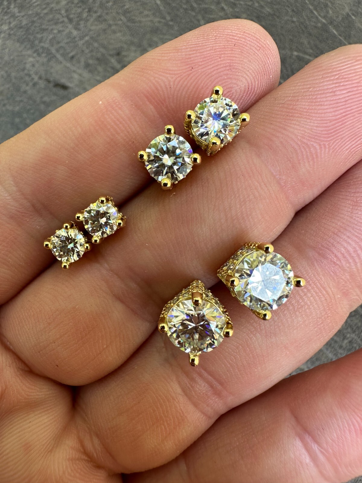Moissanite 3D Iced Solitaire Screwback Stud Earrings Real 14k Gold Plated Silver