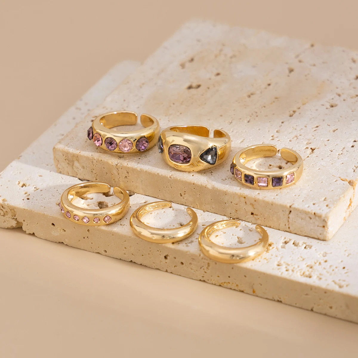 Purple Ring Set Simulated Zirconia Adjustable Open Band Womens Jewelry 6PCS