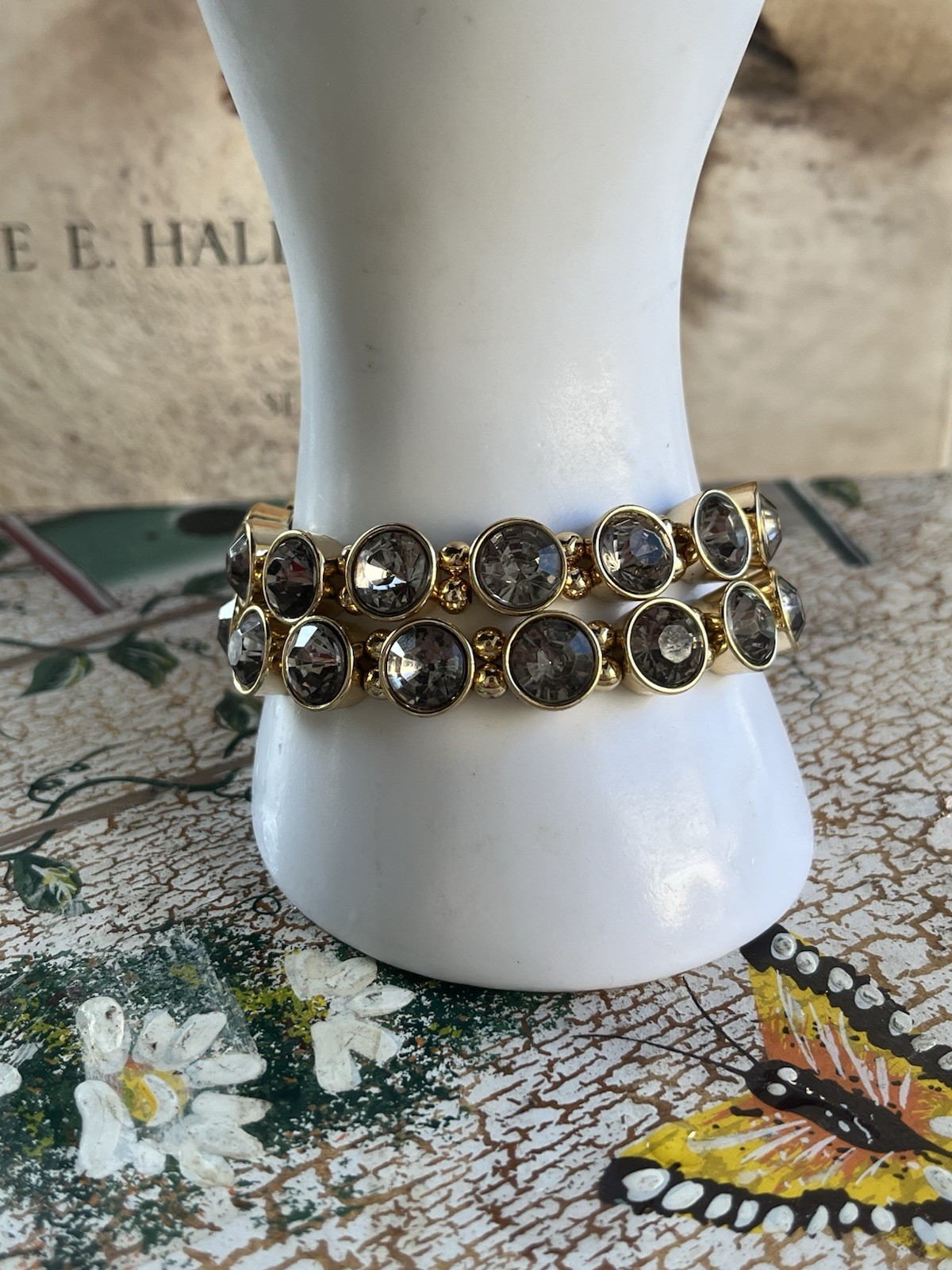 Two Stretch Bracelet Beaded Smoke Clear Gold Tone 7” Ish