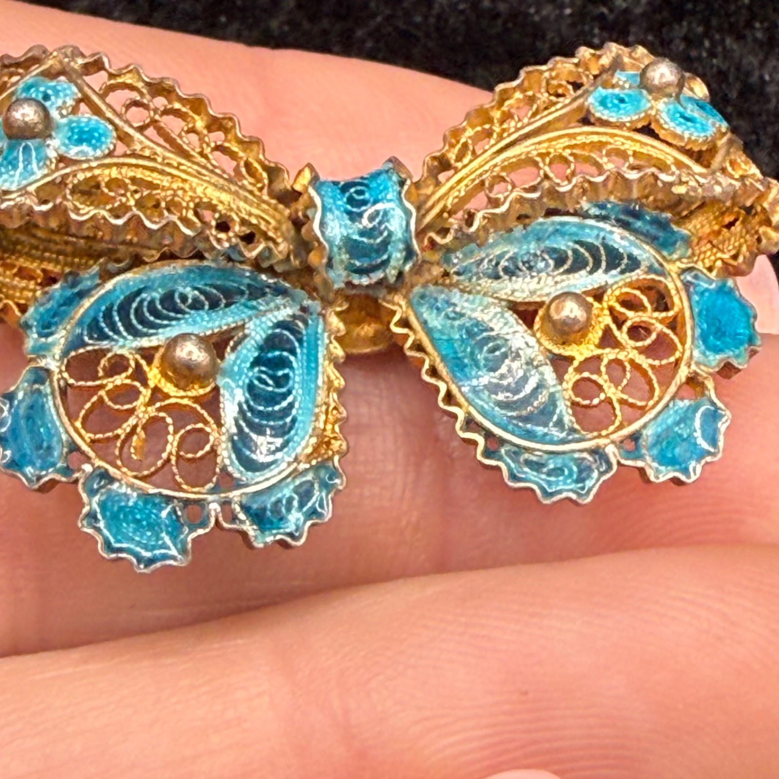 Vintage Chinese Export Brooch Bow 800 Silver Enamel Blue