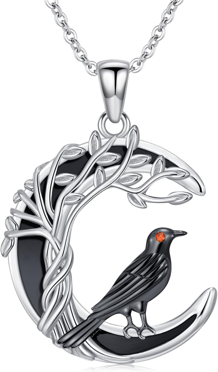 Gothic Raven Necklace for Women 925 Sterling Silver Tree of Life Moon Pendant