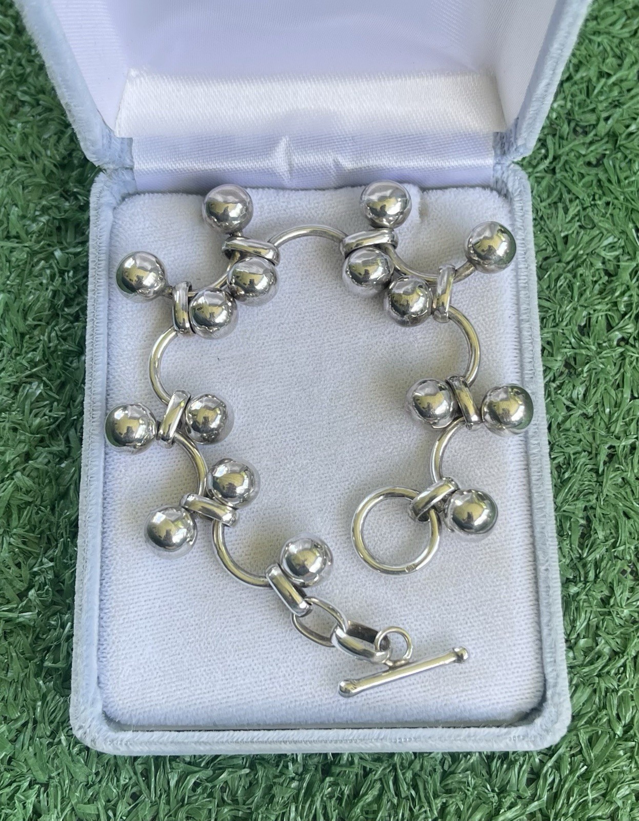 Vtg Marked 925 Sterling Silver DNA Vine Cha Cha Beads Toggle Clasp Bracelet 7.5”