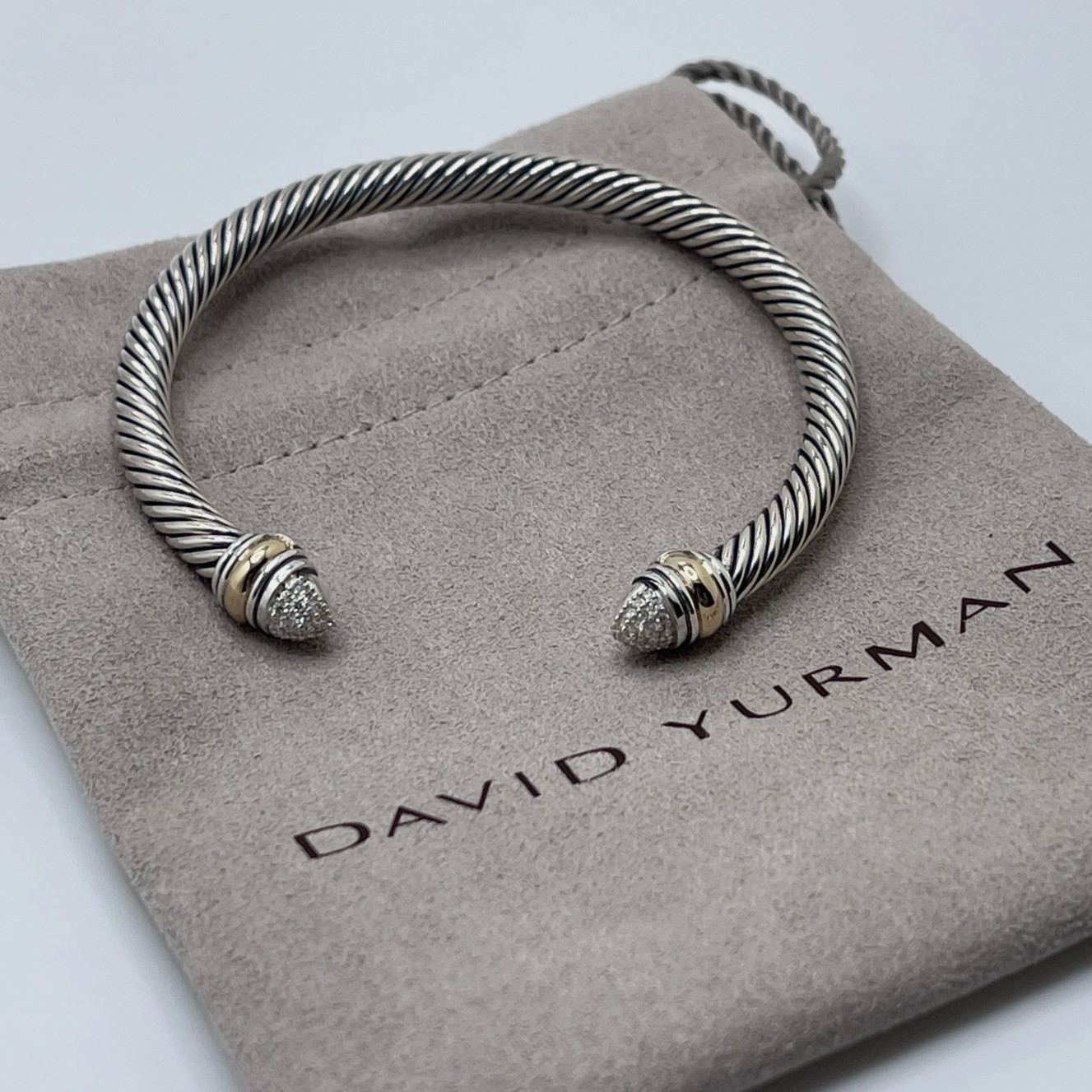 David 5mm Cable Sterling Silver & 14k Gold Bracelet with Diamond Tips