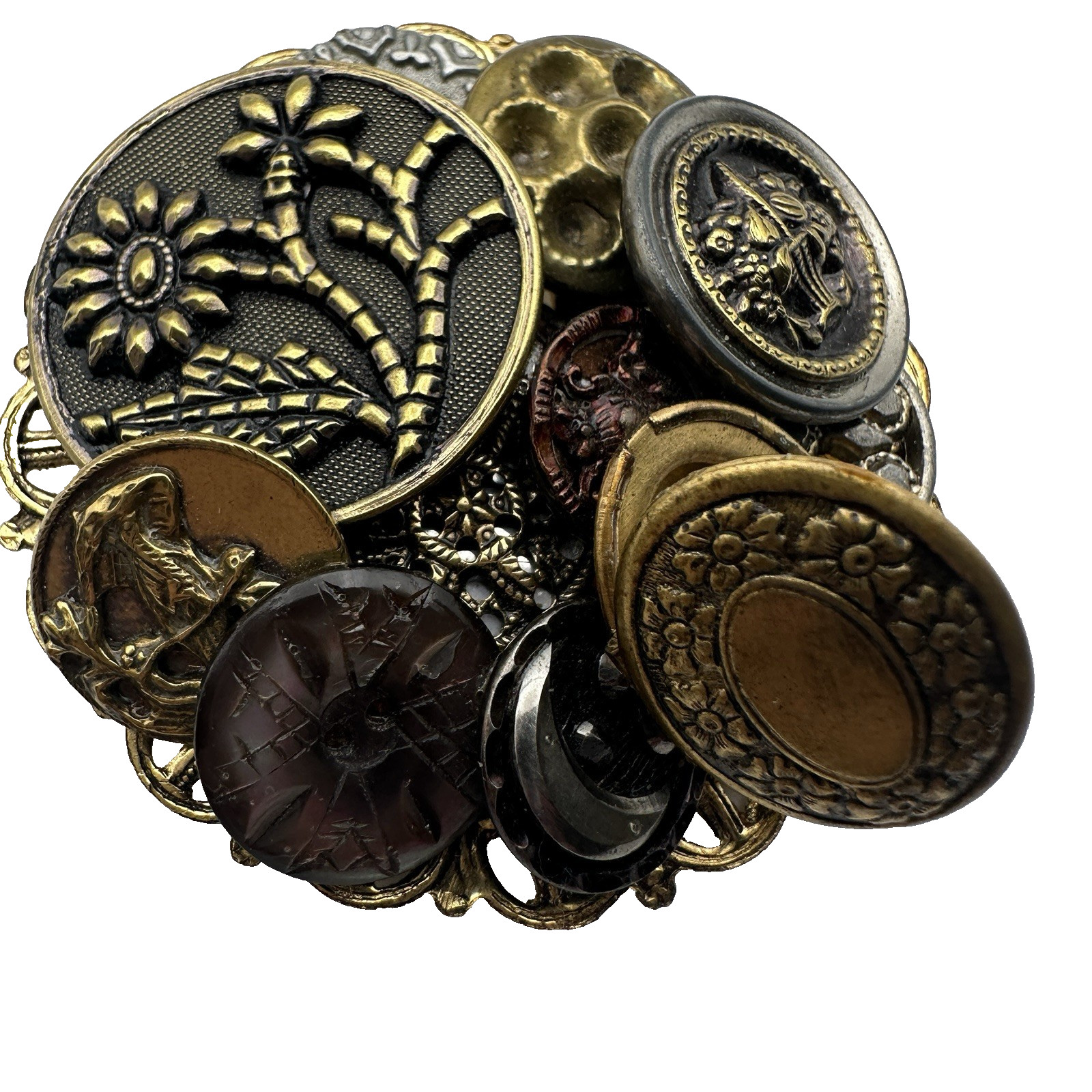 Victorian Steampunk Gothic Button Collage Assemblage Cluster Brooch Locket Pin