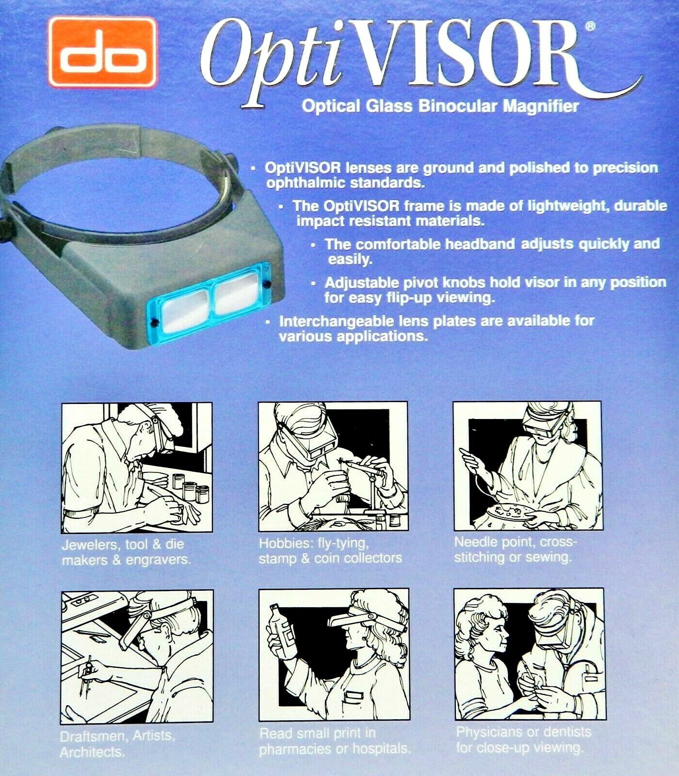 Donegan OptiVisor DA-3 Headband Magnifier Binocular 1.75X Optical Glass Lens