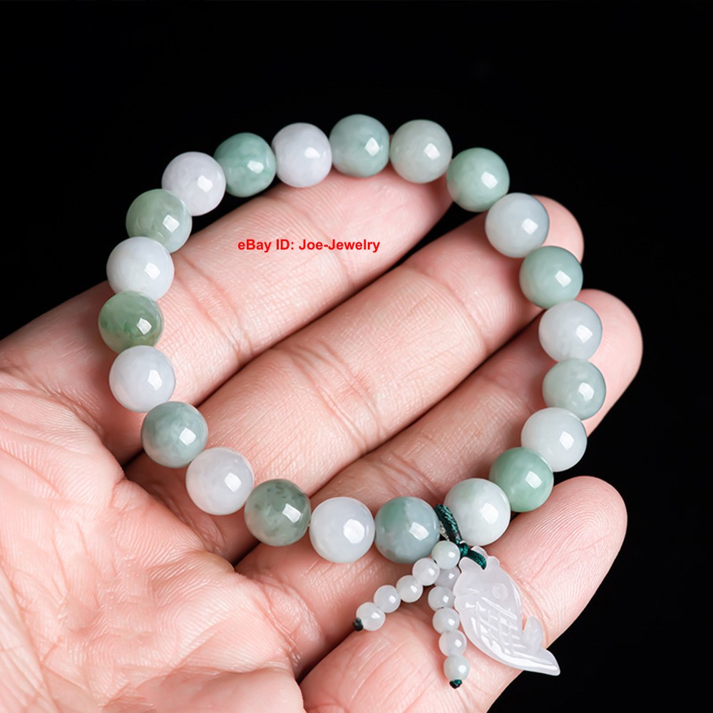 1pcs NEW Natural Grade A Jade 8.8mm Bead Women’s Bracelet Fish Charm 15-16cm