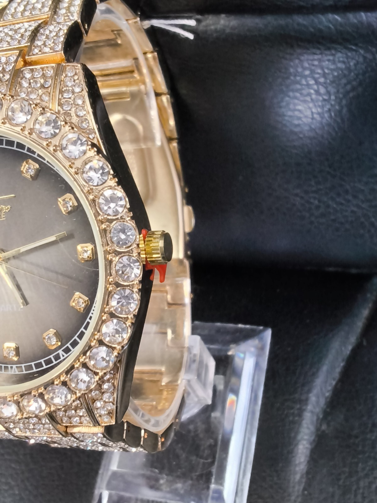 Techno Pave Gold Tone Iced Out Gray Dial Crystal Men’s Quartz Watch…