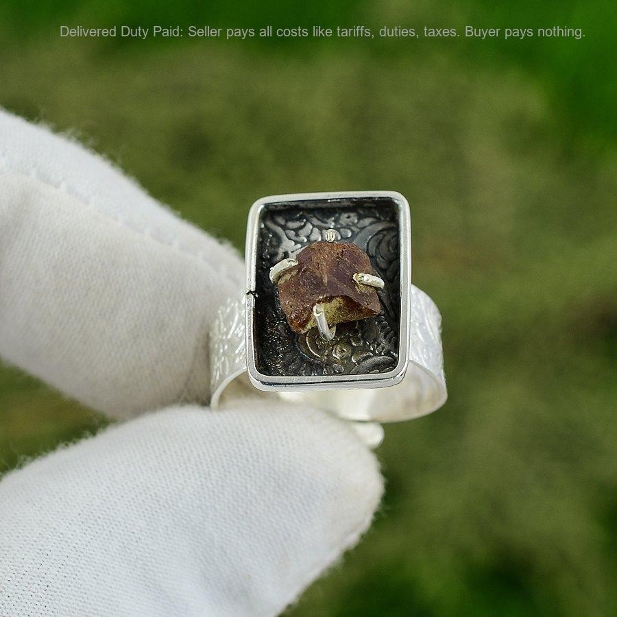 925 Sterling Silver Pentagon Smoky Quartz Rough Stone Statement New Ring Jewelry
