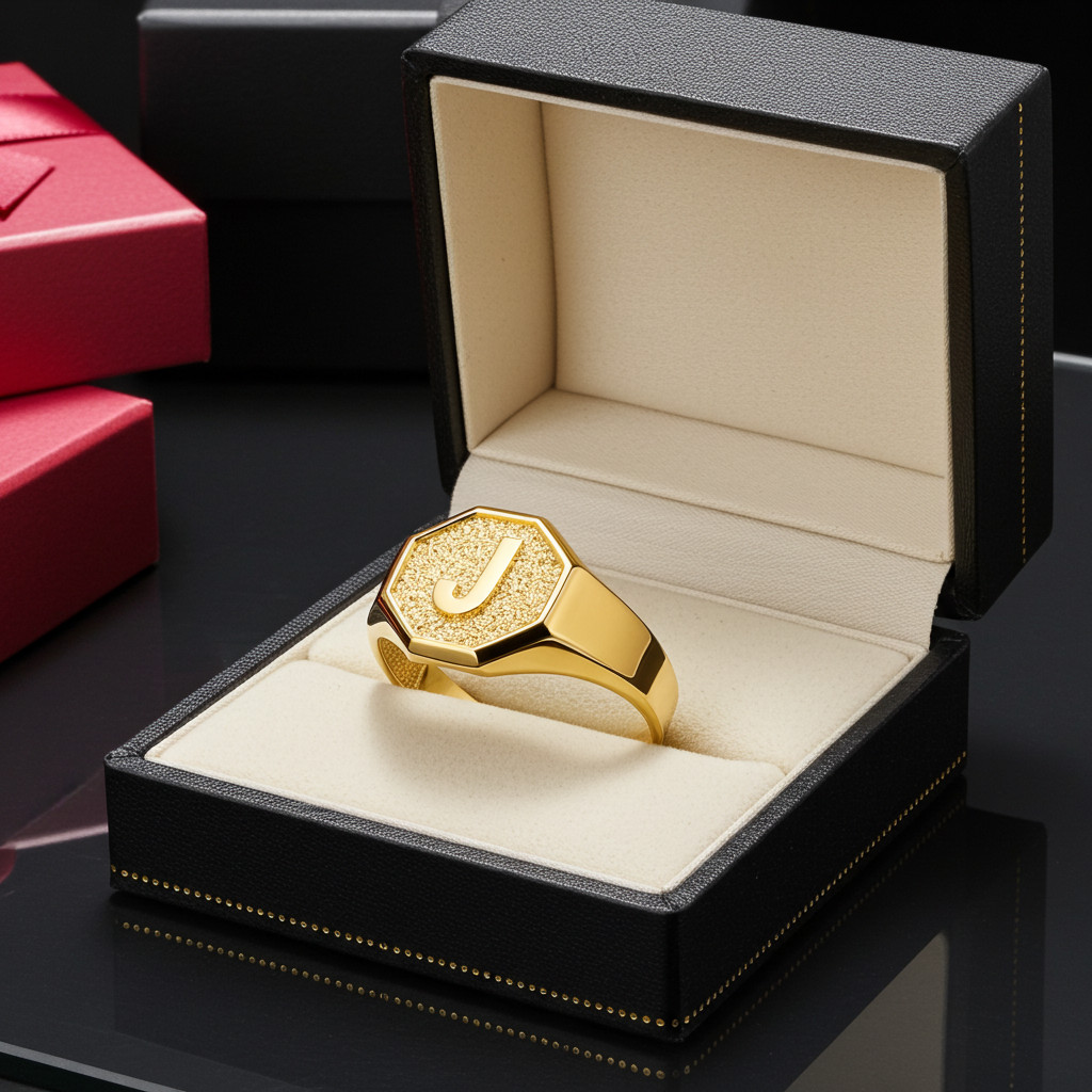 Men’s 10K Yellow Gold Letter Initial Octagon Signet Ring Personalized A–Z