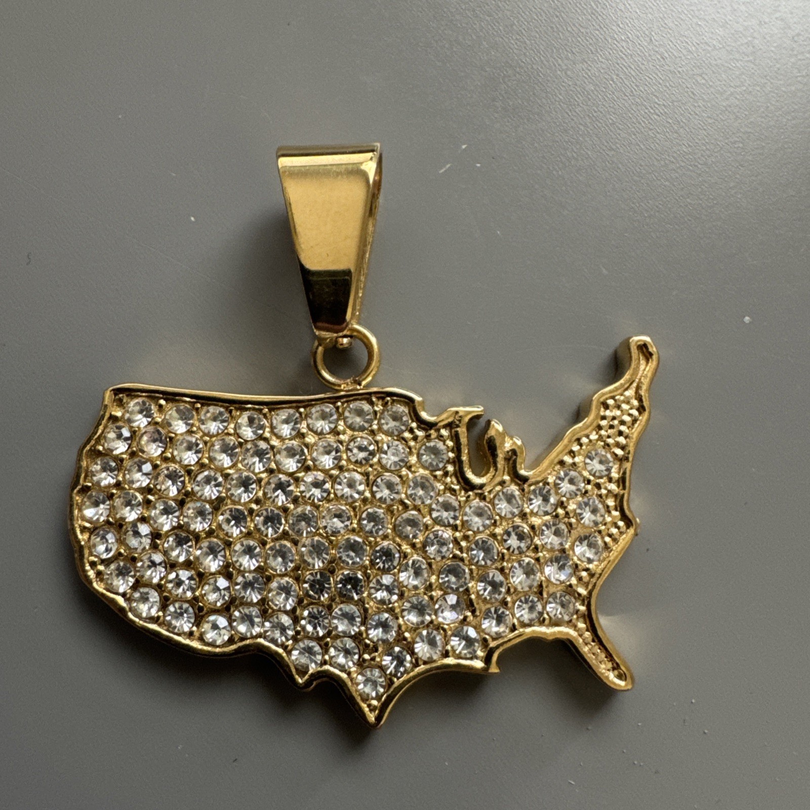 U.S.A America Map Pendant Cubic Zirconia Stainless Steel 24” Chain Gold Tone
