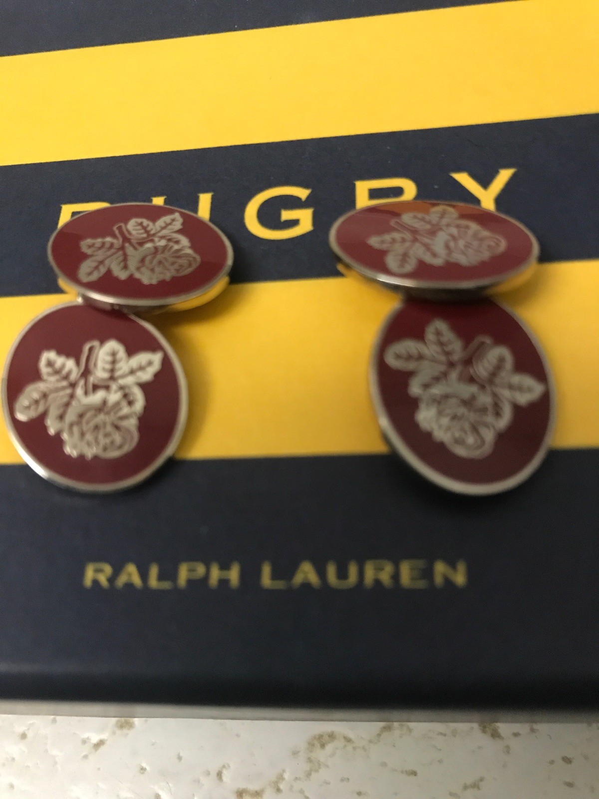 Polo Ralph Lauren Rugby Men Vintage Inspired Collegiate Rose Cufflink Red Silver