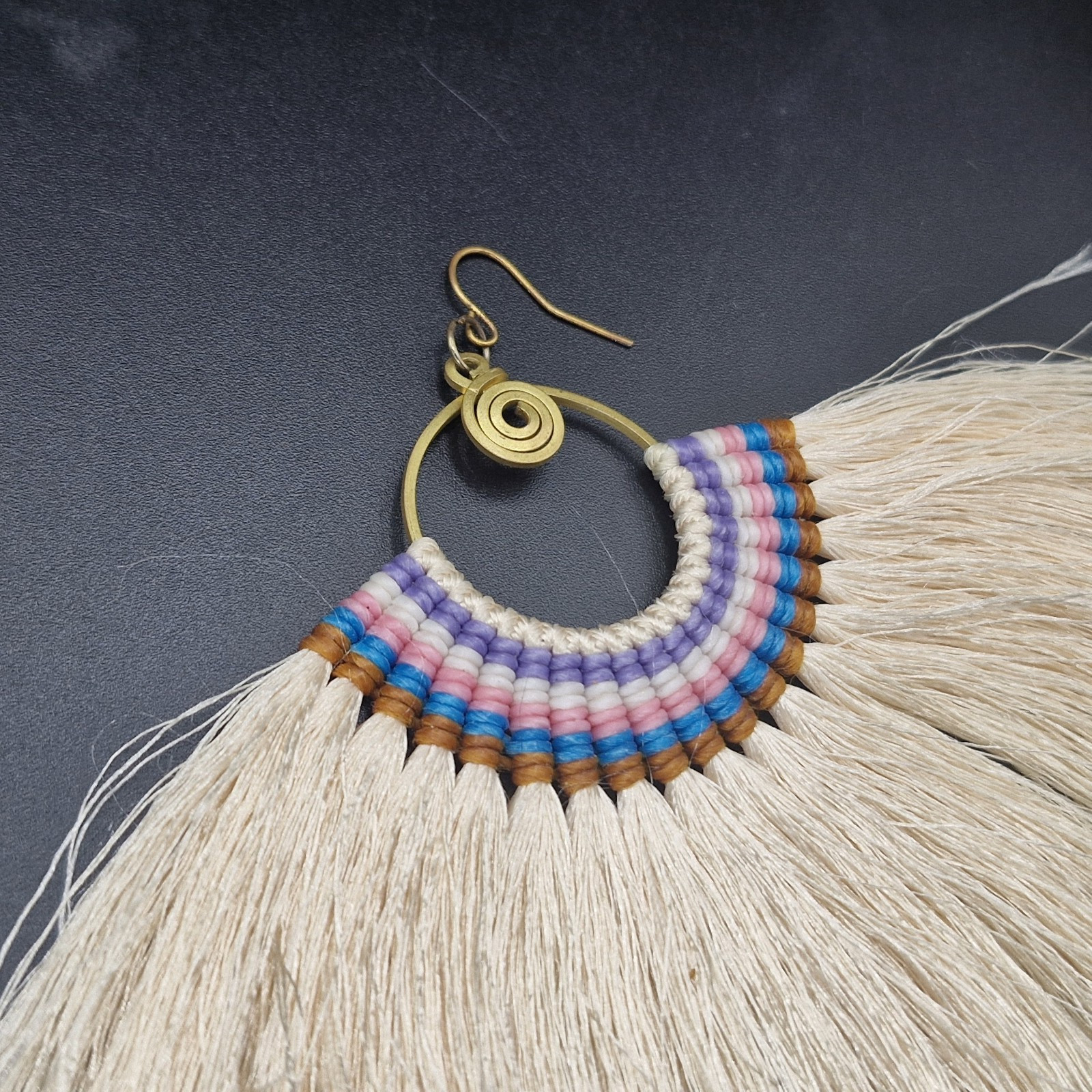 SW Style Large Runway Tassel Macrame Earrings Brass Blue, Orange, Tan 3.5 X 4.5″