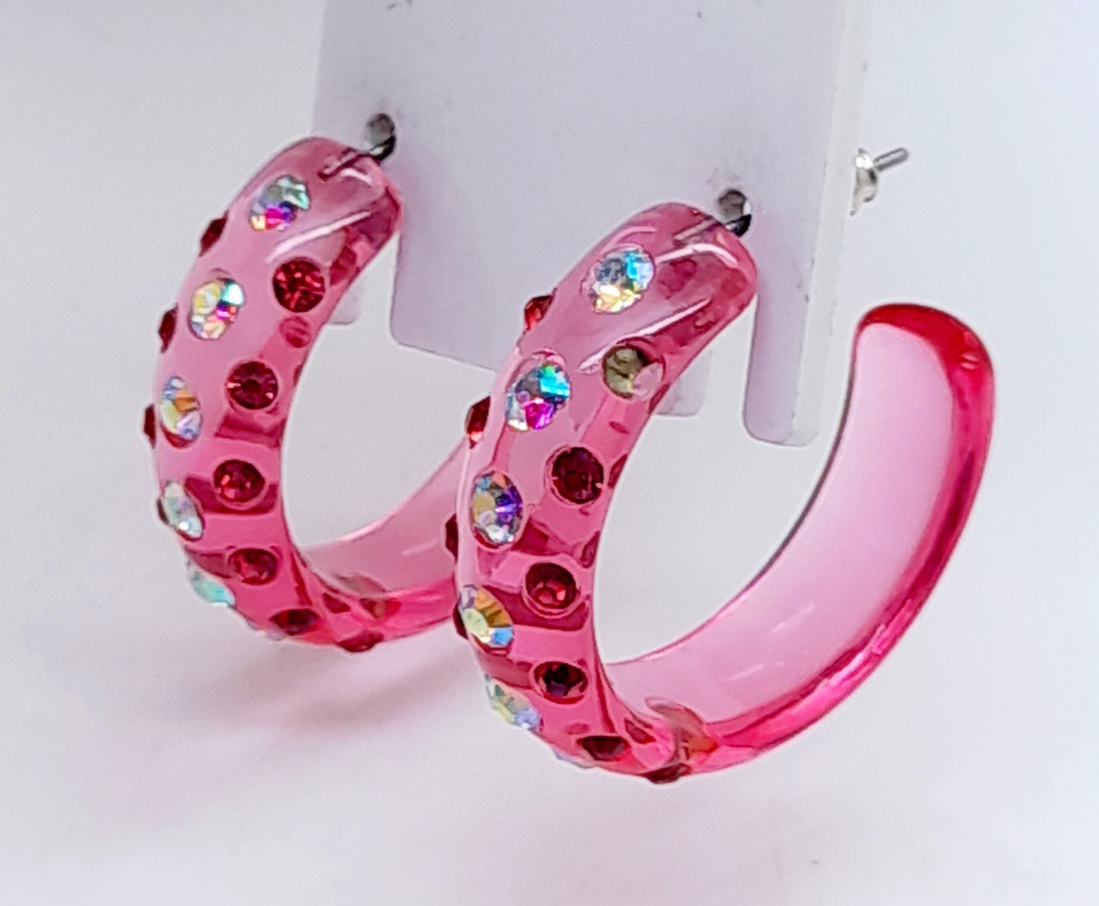 E173 NEW 1″ CLEAR PINK ACRYLIC HOOPS PINK & AB RHINESTONES FASHION EARRINGS