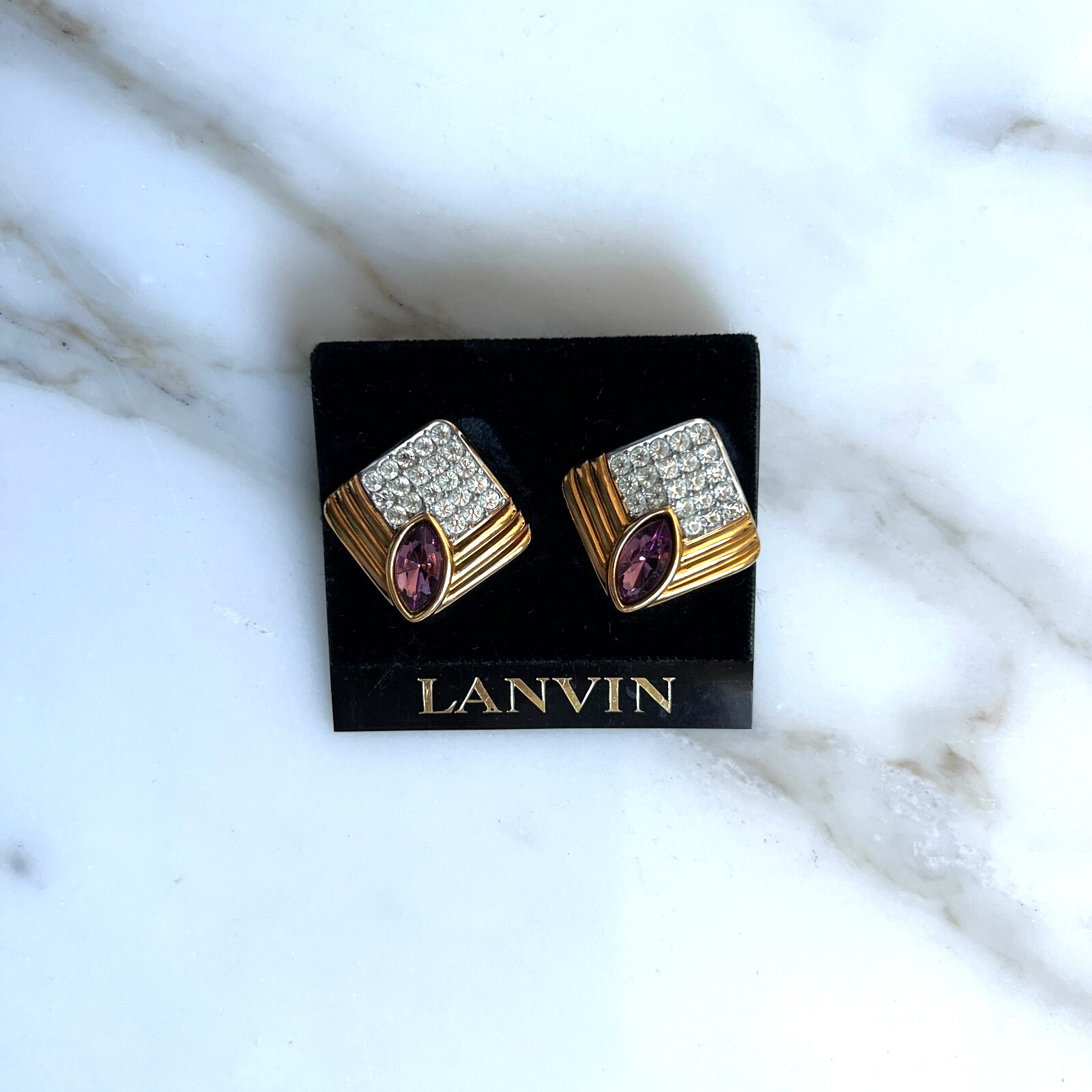 Vintage Lanvin Germany Fashion Jewelry Rhinestone Clip On Earrings Signed New