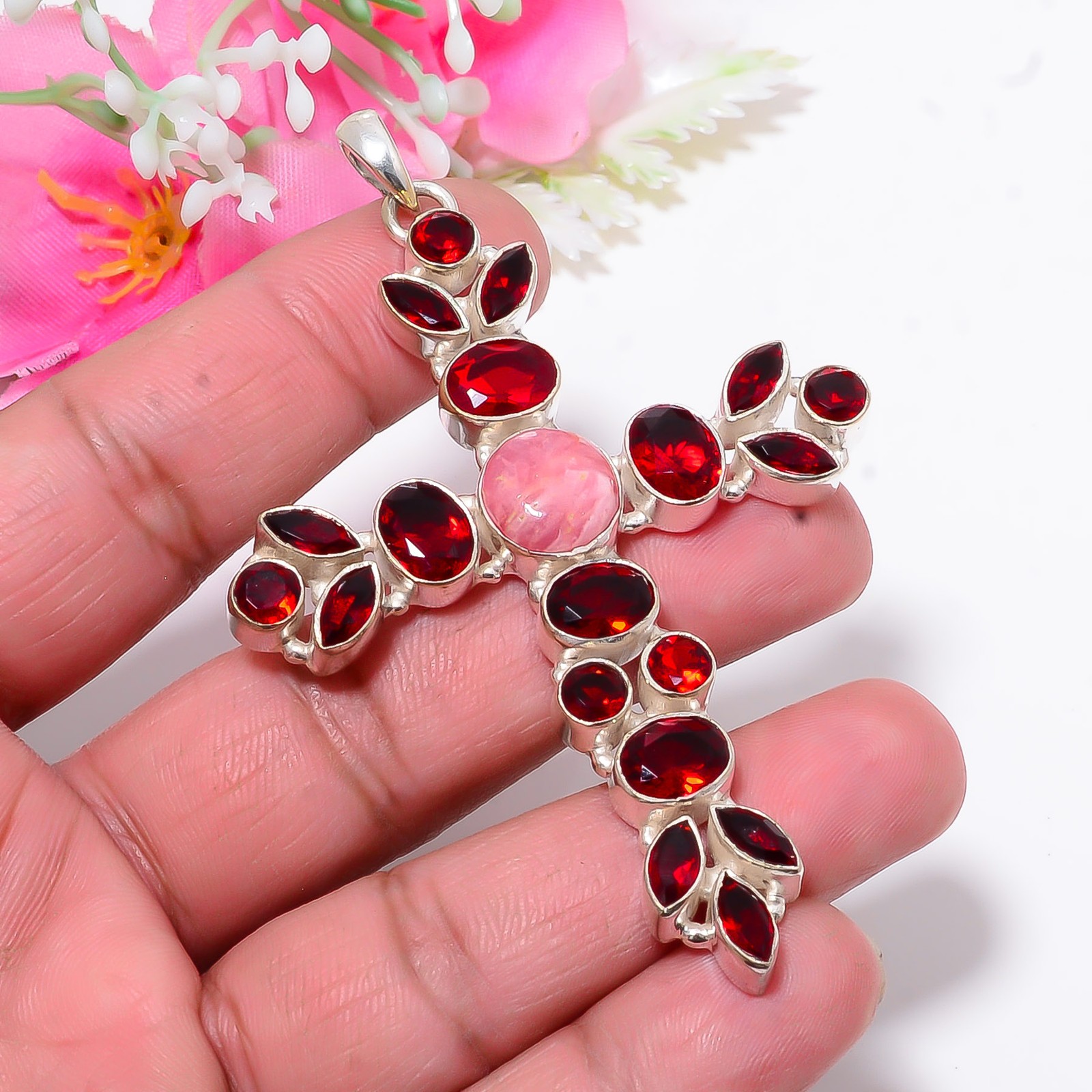 Rhodochrosite & Red Garnet 925 Sterling Silver Holy Cross Pendant 3.12″ P1061623