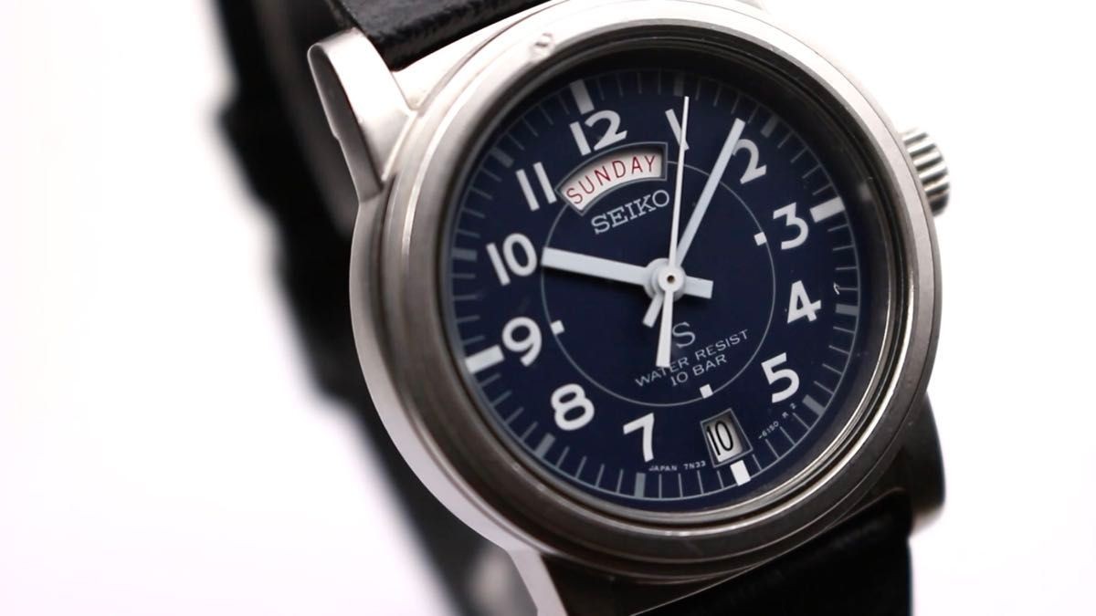SEIKO SUS Quartz Watch 7N33-6050 Analog Military Navy Dial Stainless Steel 32mm