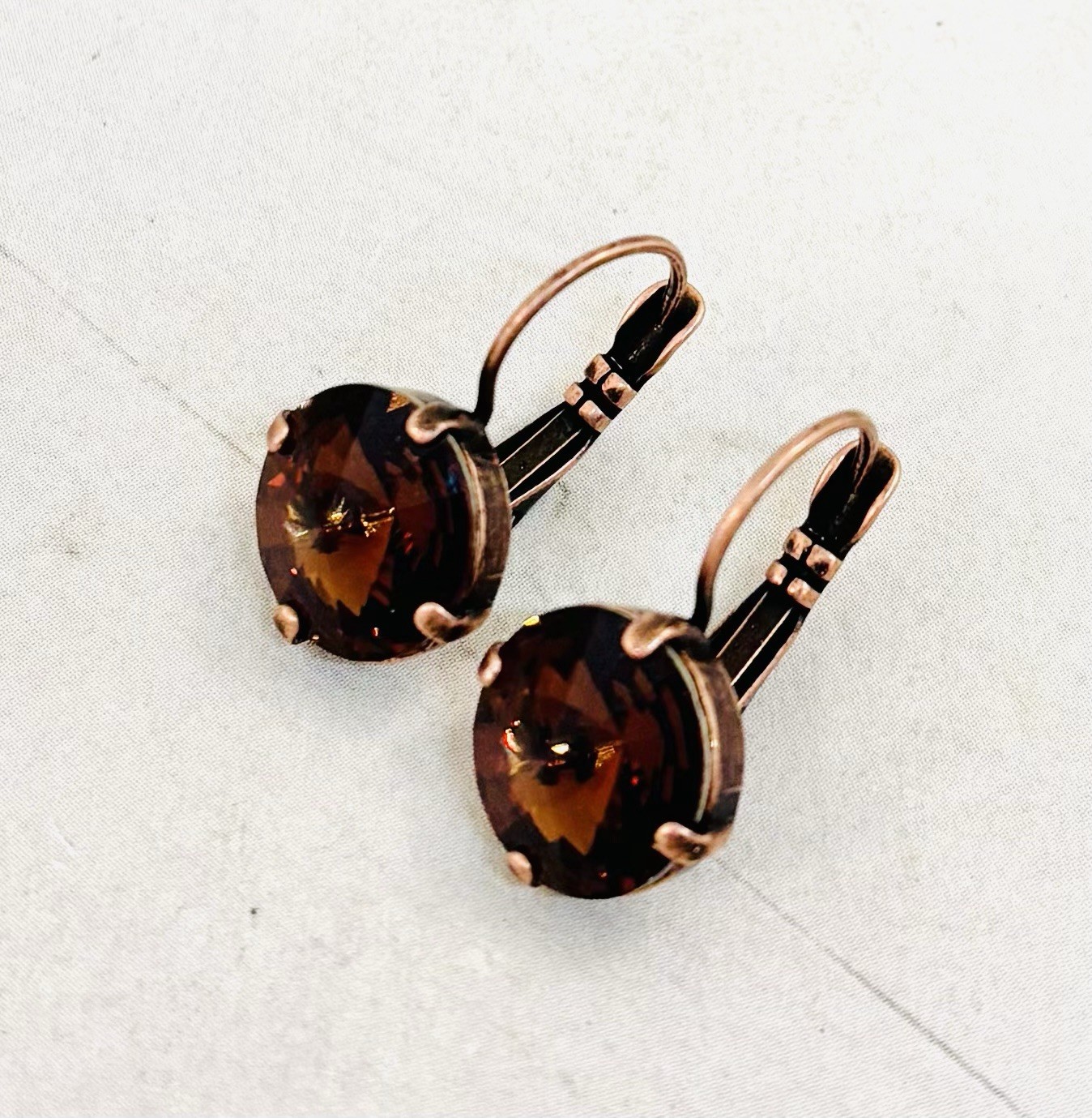 12mm Antique Copper Chocolate Brown Cup Chain Earrings with Smoked Topaz Stones